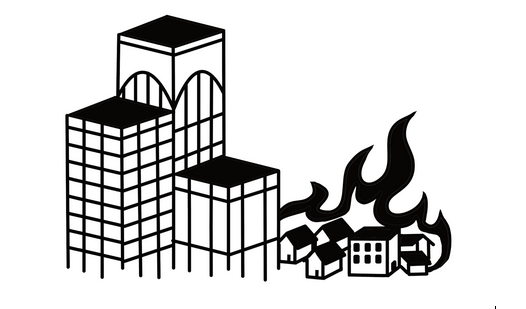 Illustration d'immeubles à proximité de plus petites propriétés en feu